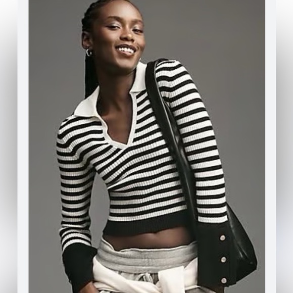 Anthropologie Sweaters - Anthropologie Black and White Striped Ribbed Polo Sweater